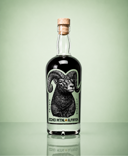 Alpinyon alpine amaro — label art, the San Gabriels above the valley