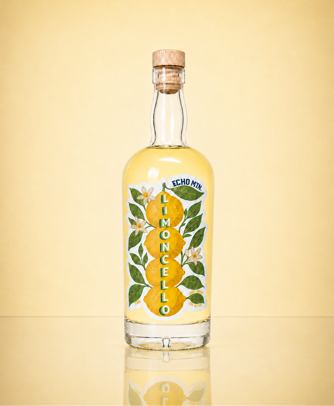 Limoncello lemon liqueur — label art, the citrus groves of Southern California